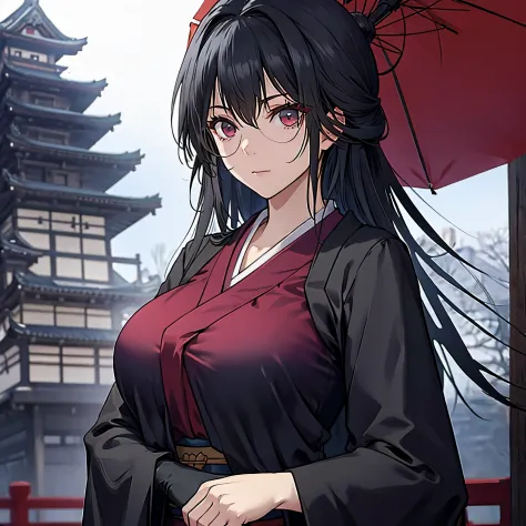 a woman wearing a black kimono with red details, red eyes, big breasts, in a japanese castle.