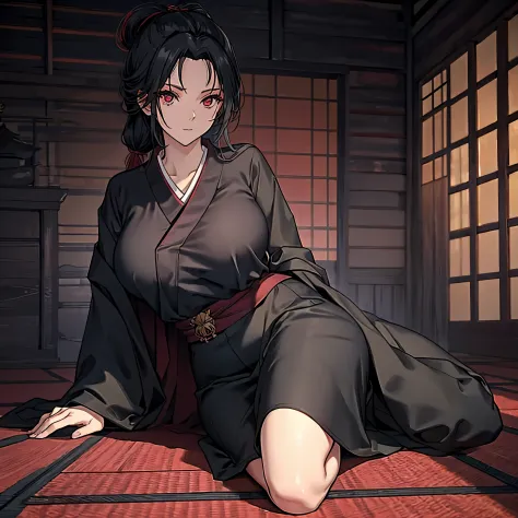 a woman wearing a black kimono with red details, red eyes, big breasts, in a Japanese castle.
