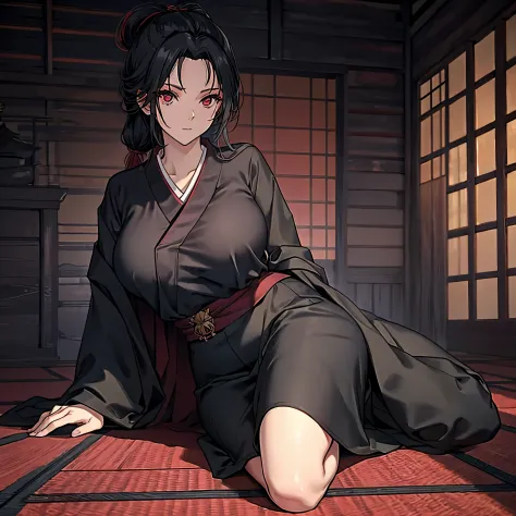 a woman wearing a black kimono with red details, red eyes, big breasts, in a japanese castle.