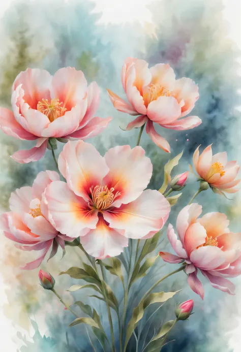 art by mooncryptowow, detailed illustration of watercolor paint, delicate strokes of watercolor, vibrant flowers bloom with an e...