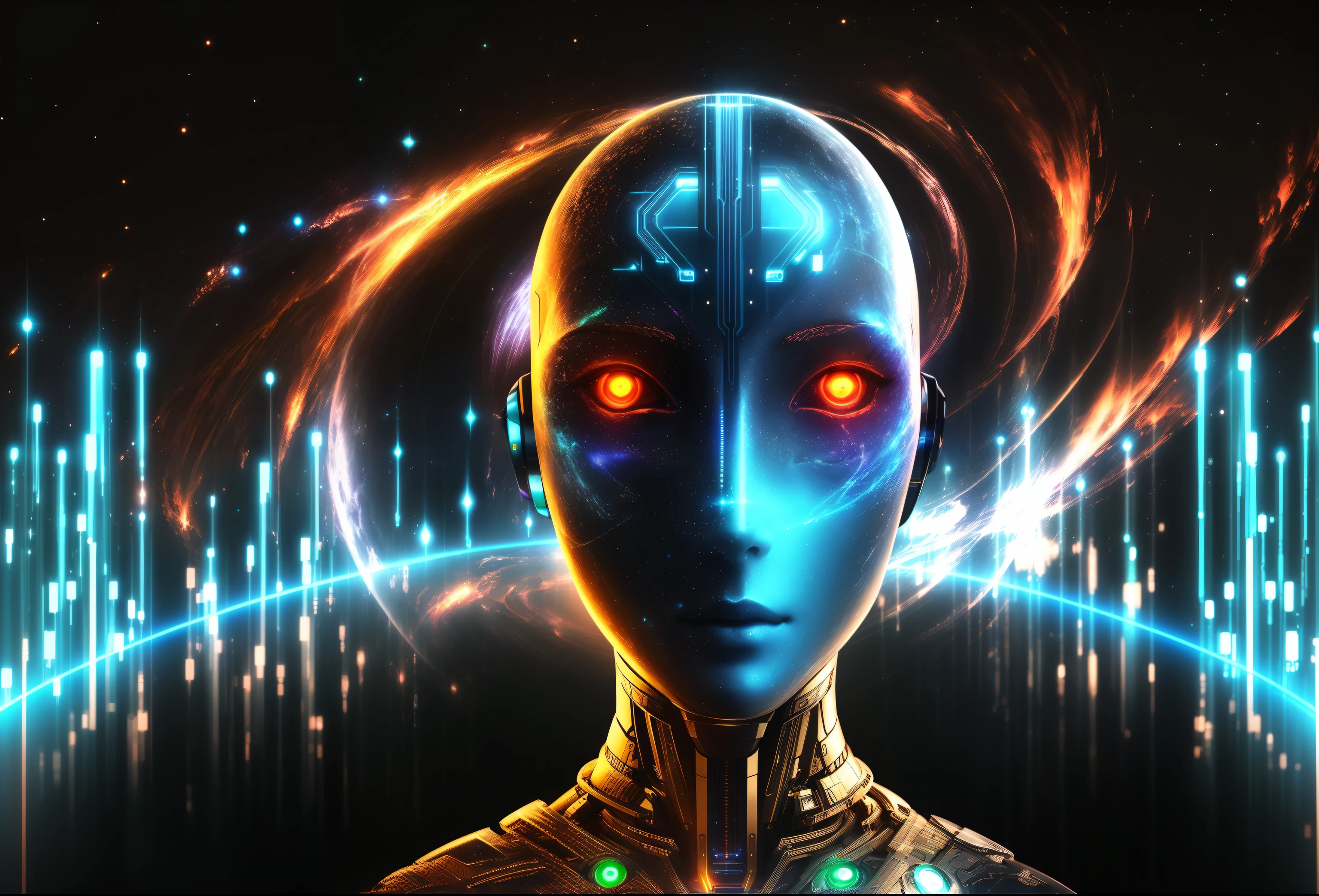 arafed image of a man with glowing eyes and a glowing body, cyborg goddess in cosmos, artificial intelligence god, an image of a beautiful cyborg, the coming ai singularity, artificial intelligence gods, portrait of female humanoid, the encrypted metaverse, portrait of a humanoid alien, complex cybernetic beings, portrait of female android, detailed cosmic angelic robot
