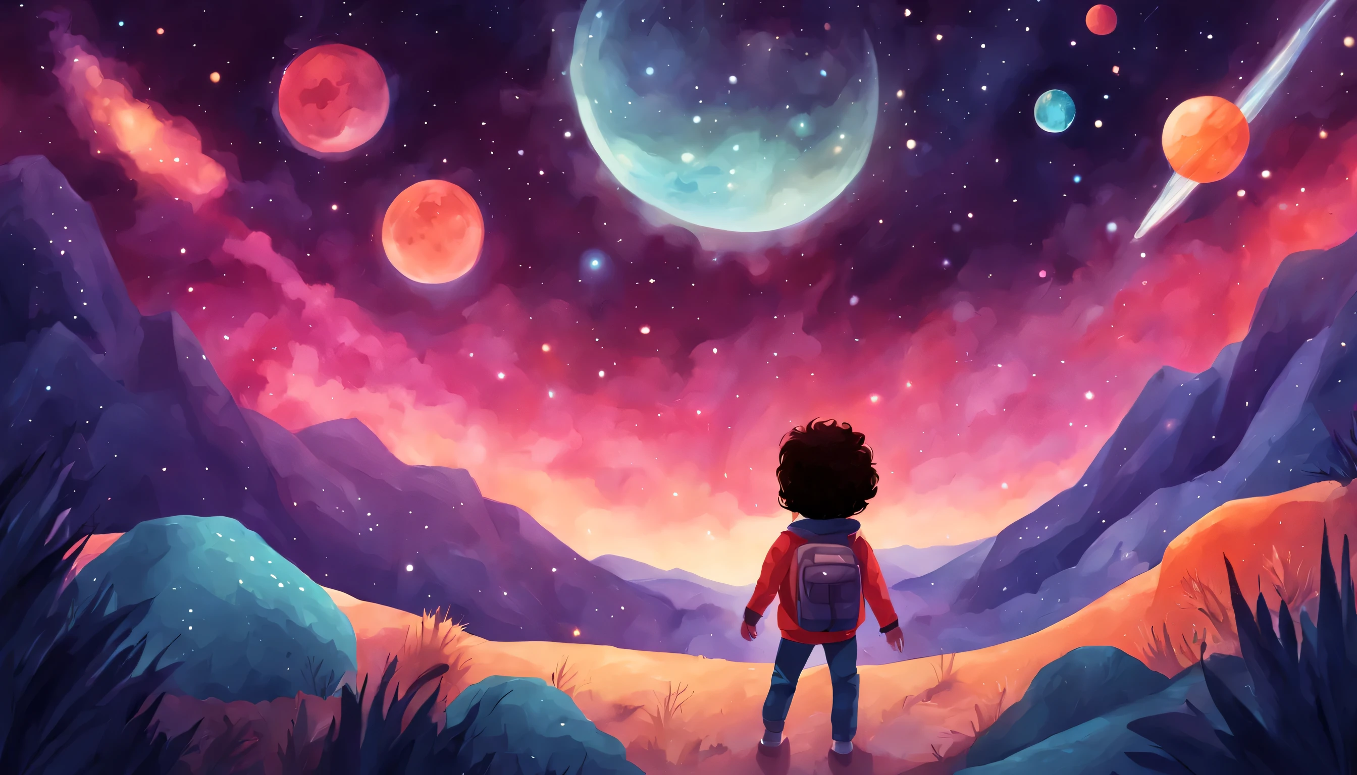 Space white Children's Book Illustration, Galactic Color Palette, Meteor Shower, Outer Space Landscape, Cosmic Night, Wonder-filled Mood, KidsRedmAF,
 