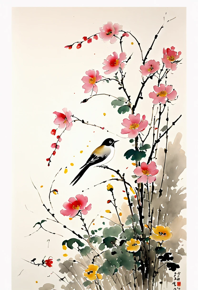 watercolor painting, flowers, butterfly, (by Song Huizong Zhao Ji), (best quality, masterpiece, 8k)