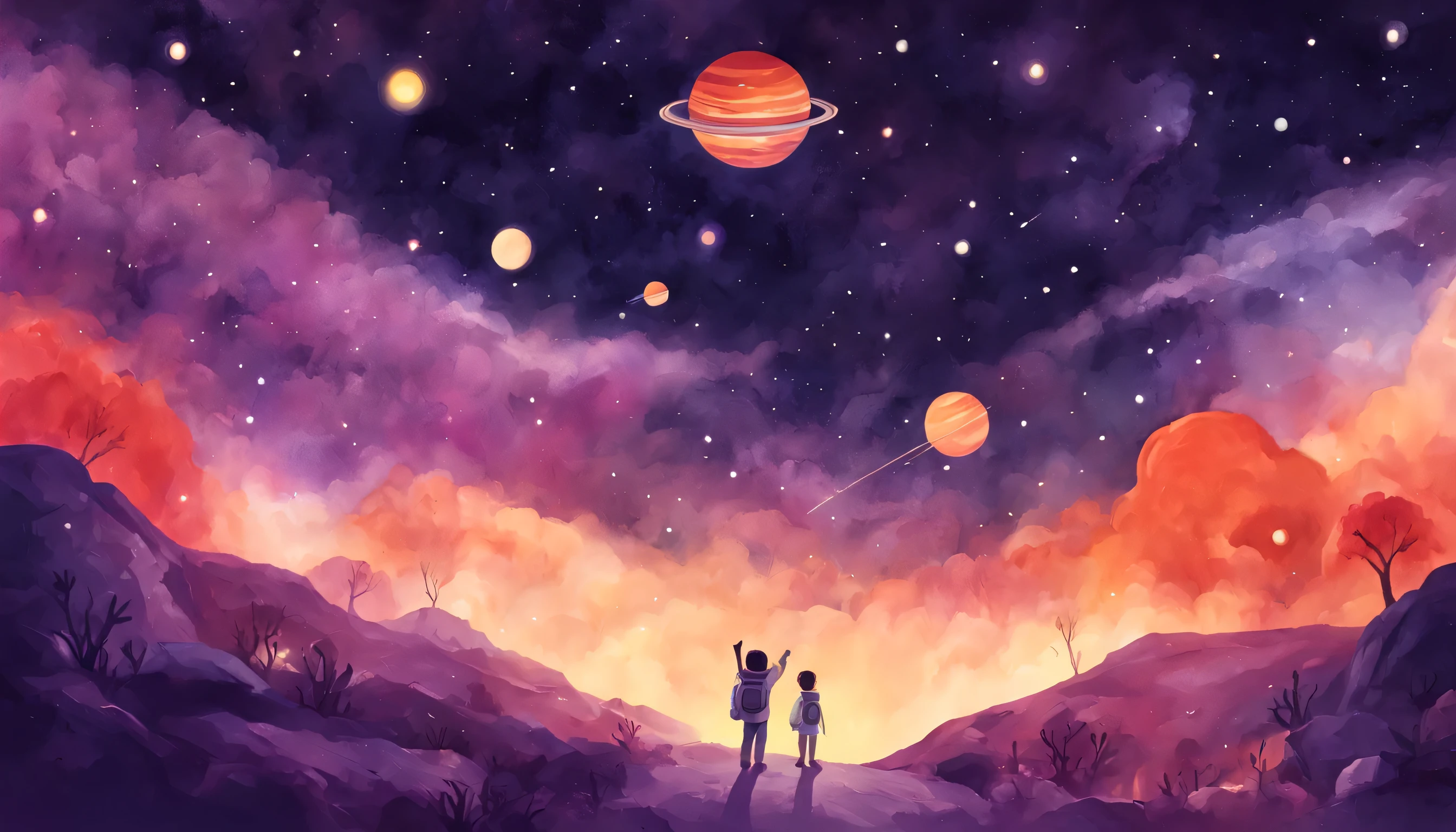 Space white Children's Book Illustration, Galactic Color Palette, Meteor Shower, Outer Space Landscape, Cosmic Night, Wonder-filled Mood, KidsRedmAF,
 