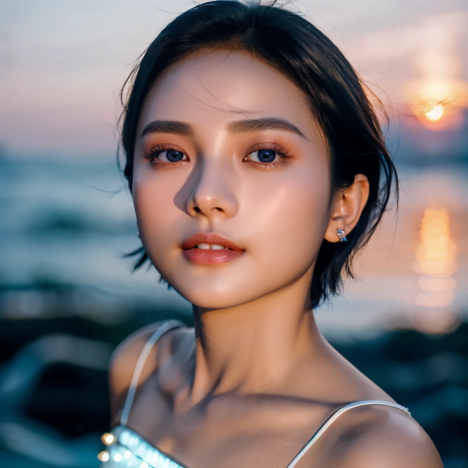 Short hair that is all brown with a light blue gradation at the tips.、short hair、Silky hair with less hair volume、Dull turquoise eyes、Flesh-colored lips、white teeth、small nose、very thin and long eyebrows、white dress studded with small jewels、sunset