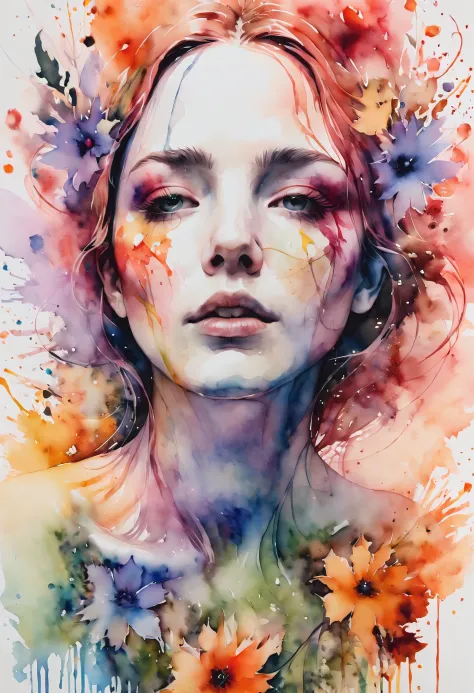 (((watercolor:1.5))), ((watercolor painting):1.4), ((a painting of woman by Agnes Cecile):1.3), ((Flowers):1.4), ((luminious des...