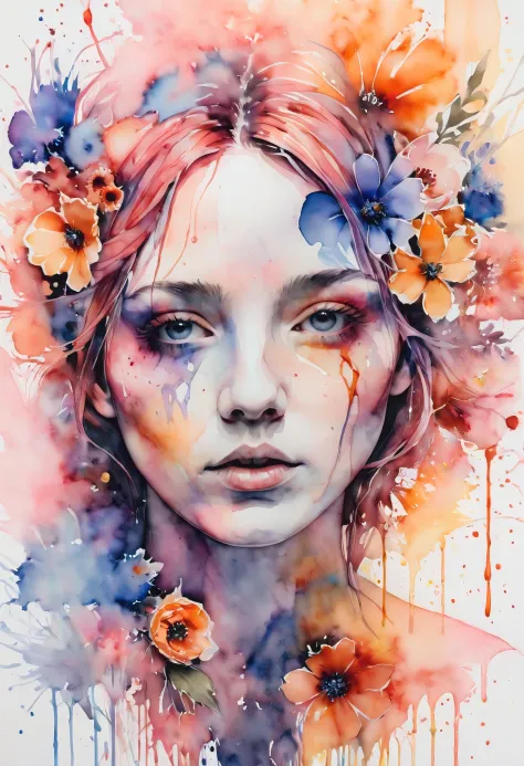 (((watercolor:1.5))), ((watercolor painting):1.4), ((a painting of woman by Agnes Cecile):1.3), ((Flowers):1.4), ((luminious des...