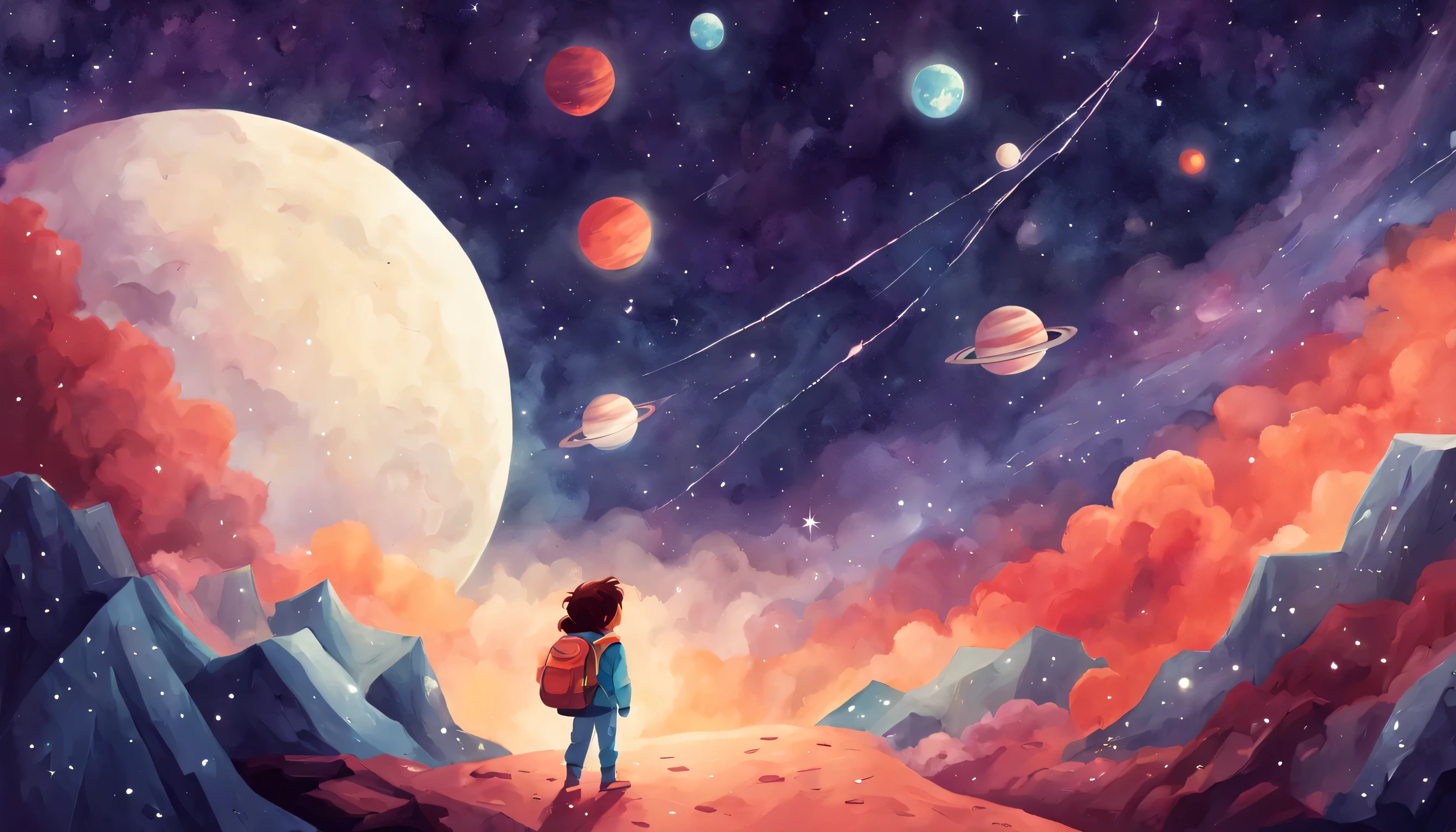 Weltraumweiße Kinderbuchillustration, Galaktische Farbpalette, Meteorregen, Weltraumlandschaft, Kosmische Nacht, Wundervolle Stimmung, KidsRedmAF,
 