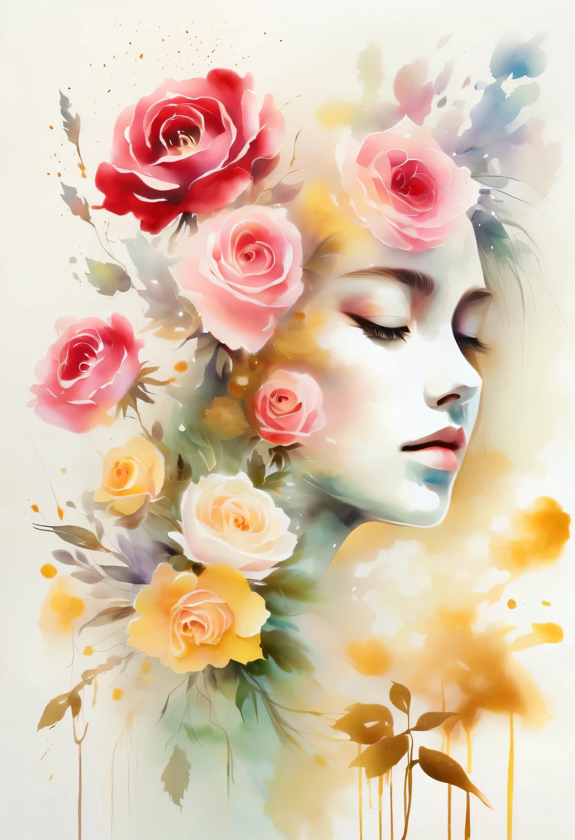 Esta pintura de flores em aquarela apresenta um efeito visual elegante e fresco。Flores silvestres e rosas no campo，Formando a combinação perfeita de natureza e romance。A tela é dominada por um fundo branco，Destaque flor aquarela isolada。A tecnologia Splash recria condições molhadas，A atmosfera parece vaga e sonhadora。Composição única e expressão abstrata contribuem para a sensação artística da imagem，Contém elementos do surrealismo。O tom geral da cor é principalmente tons claros，Vermelho e dourado se complementam，Mostrar detalhes em alta resolução。O efeito splash-ink adiciona um toque de agilidade à imagem，A cor clara confere às flores uma beleza profunda e contida.