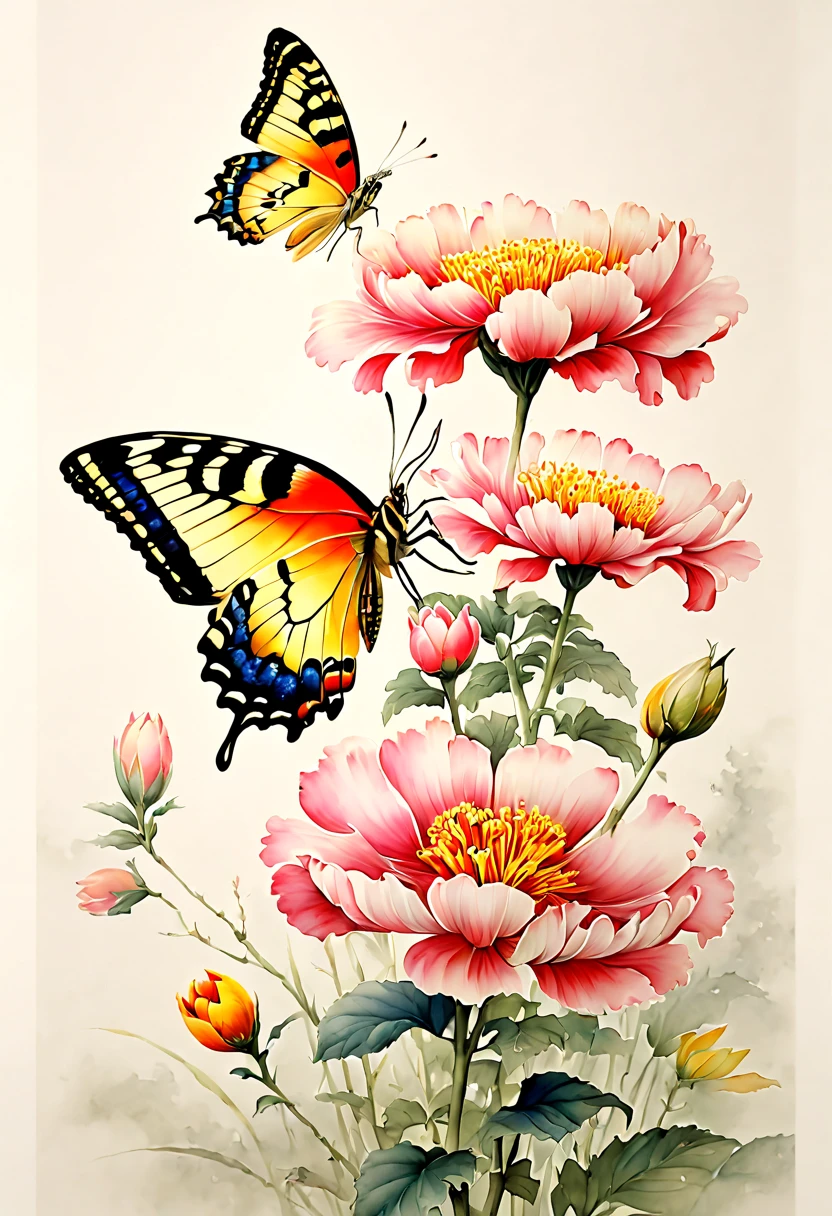 watercolor painting, flowers, butterfly, (by Song Huizong Zhao Ji), (best quality, masterpiece, 8k)