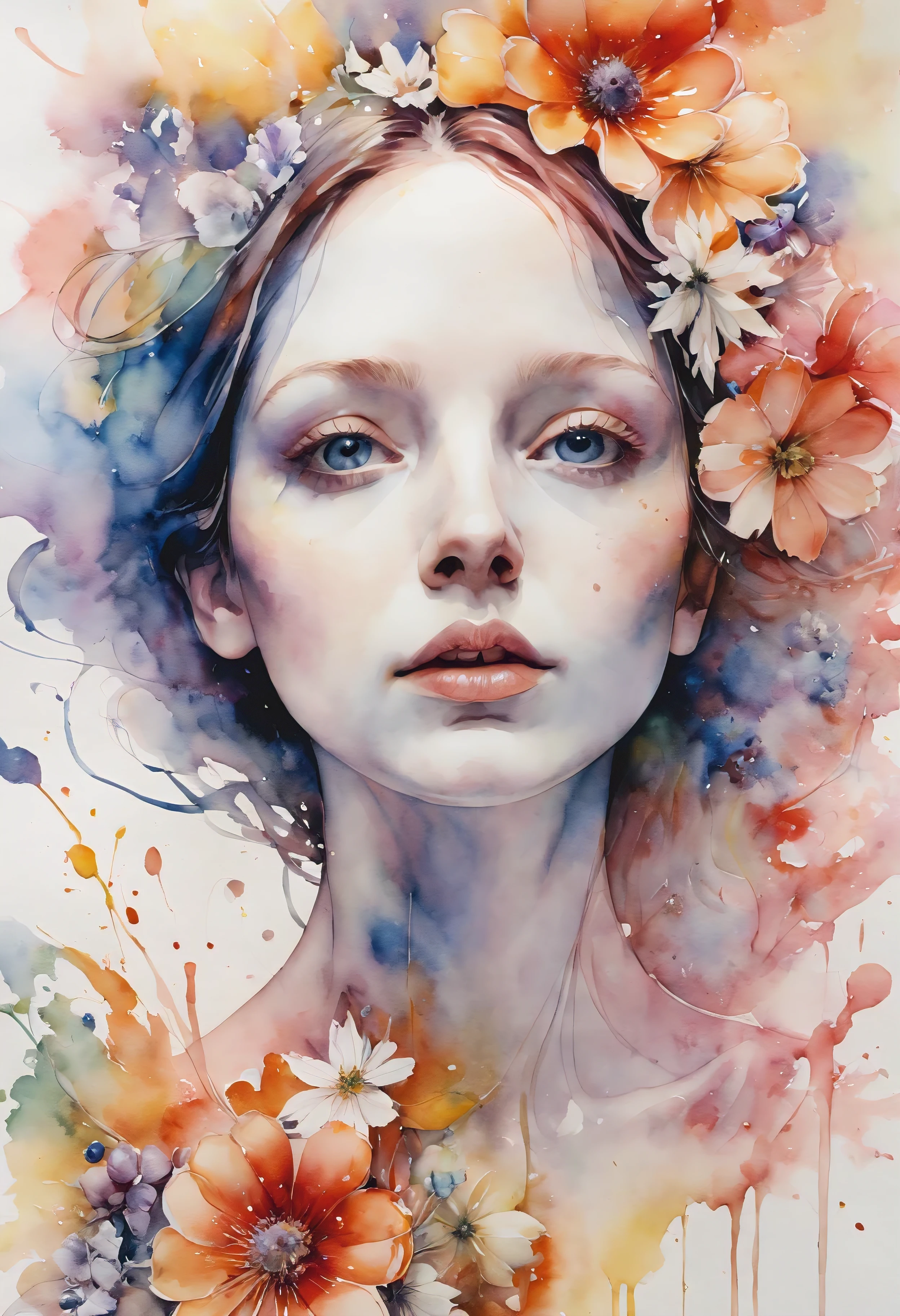 (((watercolor:1.5))), ((watercolor painting):1.4), ((a painting of woman by Agnes Cecile):1.3), ((Flowers):1.4), ((luminious design):1.3), ((autumn lights):1.1), Gouache with intricate details, pastel color, ink drips, Detailed brushstrokes have been enhanced, Careful brushwork creates an atmosphere, Utilize delicate yet powerful brushstroke techniques, Create an enchanting atmosphere. highly detailed gouache, ((Unparalleled sharpness and clarity):1.1), ((Radiosity rendered in stunning 32K resolution):1.3), All captured with sharp focus.