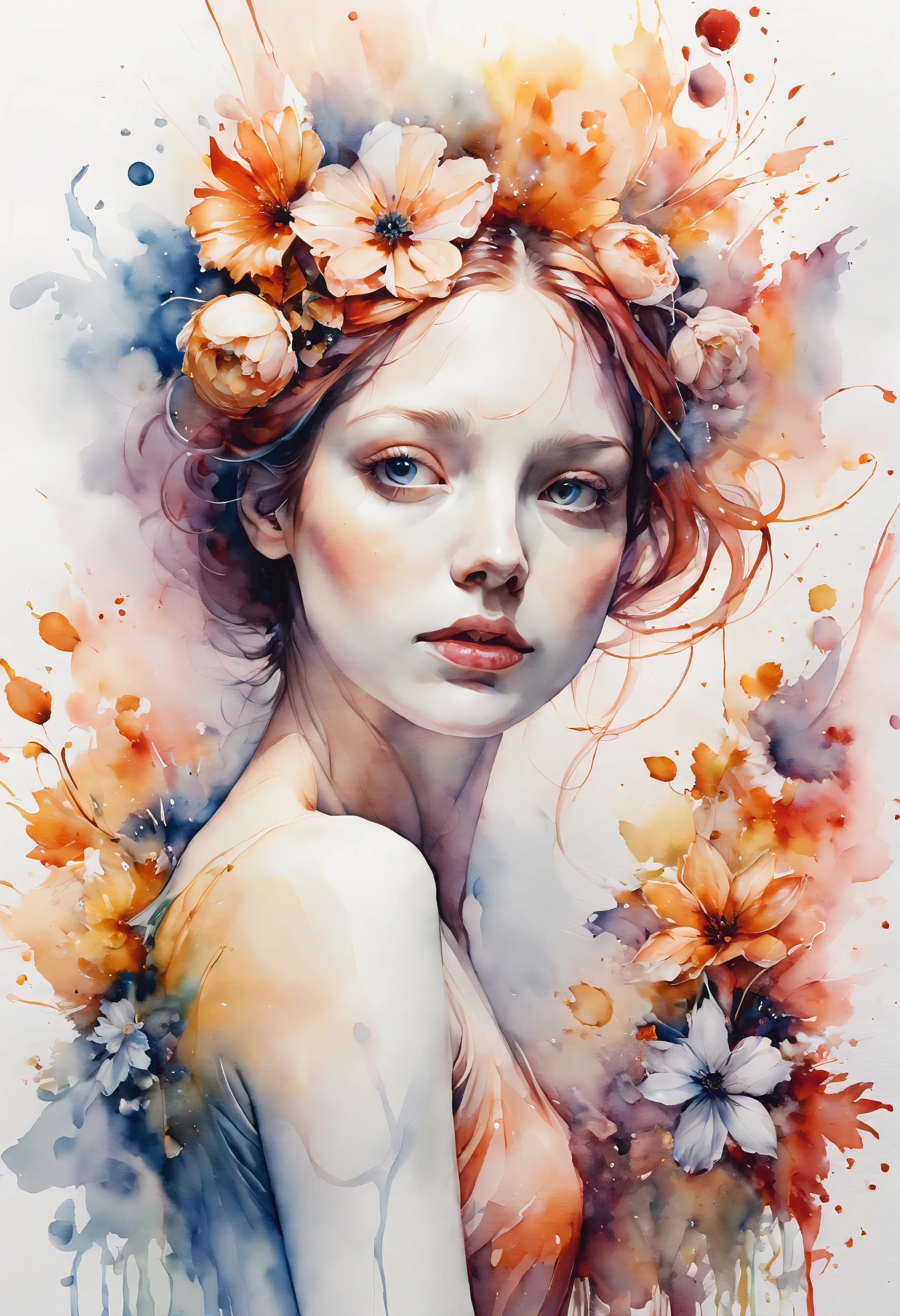 (((watercolor:1.5))), ((watercolor painting):1.4), ((a painting of woman by Agnes Cecile):1.3), ((Flowers):1.4), ((luminious design):1.3), ((autumn lights):1.1), Gouache with intricate details, pastel color, ink drips, Detailed brushstrokes have been enhanced, Careful brushwork creates an atmosphere, Utilize delicate yet powerful brushstroke techniques, Create an enchanting atmosphere. highly detailed gouache, ((Unparalleled sharpness and clarity):1.1), ((Radiosity rendered in stunning 32K resolution):1.3), All captured with sharp focus.