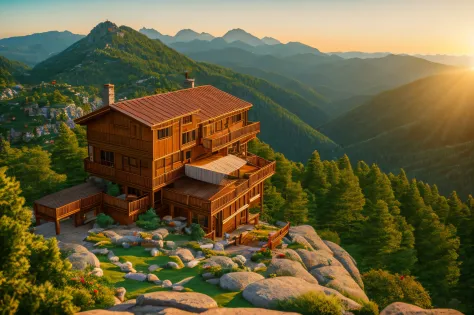 cozy resort on top of a mountain, realistic, sharp focus, depth of field, canon, dynamic lighting