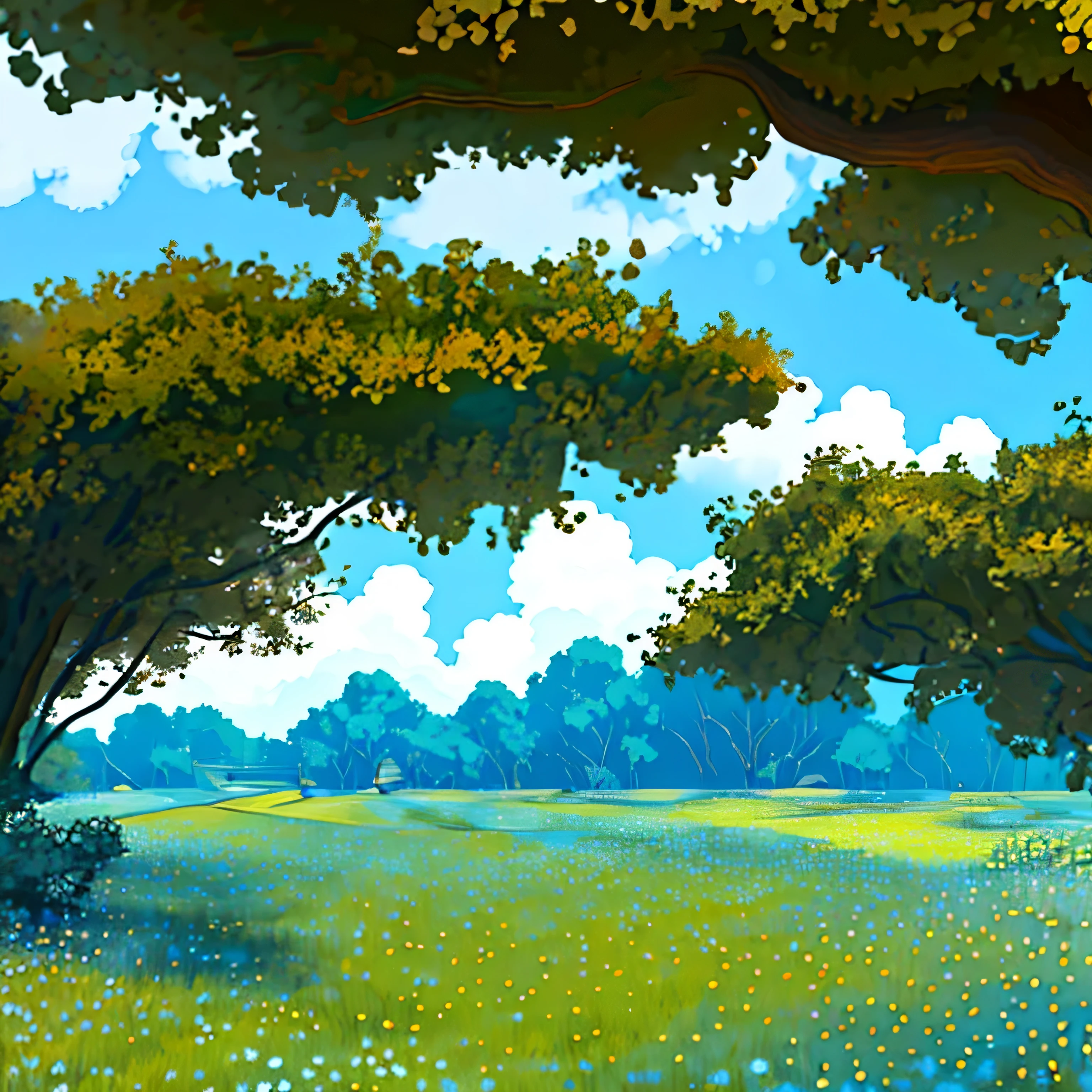 Realista, auténtico, hermoso y sorprendente paisaje pintura al óleo Studio Ghibli Hayao Miyazaki&#39;Pastizales de pétalos con cielo azul y nubes blancas --v6