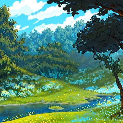 Realistic, authentic, beautiful and amazing landscape oil painting Studio Ghibli Hayao Miyazaki&#39;s petal grassland with blue ...