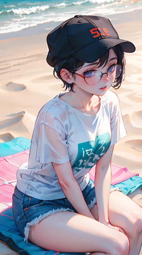 masterpiece, best quality, 1 girl, beach, sitting on a beach towel, short hair, Glasses, t-shirt, shorts, cap, blush, summer