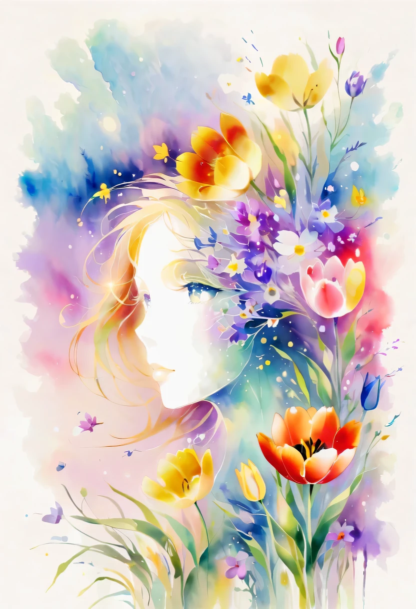 Dieses Aquarellblumengemälde bietet einen eleganten und frischen visuellen Effekt。Feld mit Wildblumen und Tulpen，Die perfekte Kombination aus Natur und Romantik。Der Bildschirm wird von einem weißen Hintergrund dominiert，Markieren Sie isolierte Aquarellblume。Die Splash-Technologie stellt nasse Bedingungen nach，Die Atmosphäre wirkt vage und verträumt。Einzigartige Komposition und abstrakter Ausdruck verleihen dem Bild eine künstlerische Note，Enthält Elemente des Surrealismus。Der Gesamtfarbton besteht hauptsächlich aus hellen Tönen，Lila und Gold ergänzen sich wunderbar，Hochauflösende Details anzeigen。Der Spritztinteneffekt verleiht dem Bild einen Hauch von Beweglichkeit，Die helle Farbe verleiht den Blumen eine tiefe und zurückhaltende Schönheit.