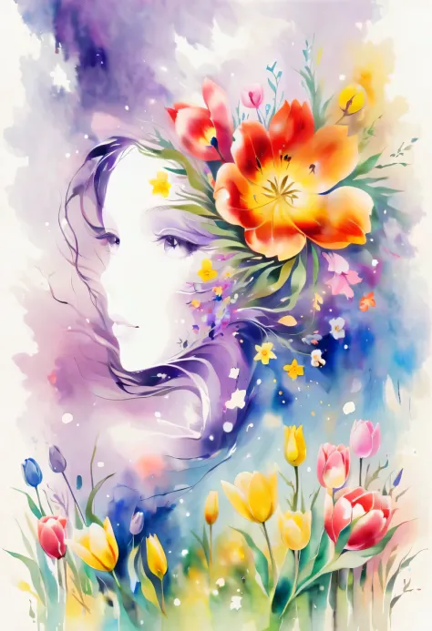 This watercolor flower painting presents an elegant and fresh visual effect。Field of wildflowers and tulips，Forming the perfect ...
