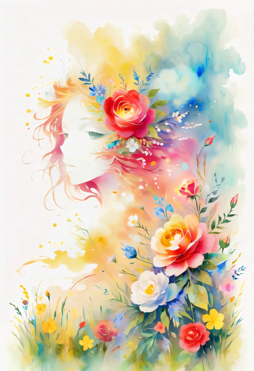 Esta pintura de flores en acuarela presenta un efecto visual elegante y fresco.。Flores silvestres y rosas en el campo.，Formando la combinación perfecta de naturaleza y romance.。La pantalla está dominada por un fondo blanco.，Resalte la flor de acuarela aislada。La tecnología Splash recrea las condiciones húmedas，La atmósfera parece vaga y soñadora.。La composición única y la expresión abstracta añaden un toque artístico a la imagen.，Contiene elementos del surrealismo.。El tono de color general es principalmente tonos claros.，El rojo y el dorado se complementan，Mostrar detalles en alta resolución。El efecto de salpicadura de tinta añade un toque de agilidad a la imagen.，El color claro confiere a las flores una belleza profunda y sobria..