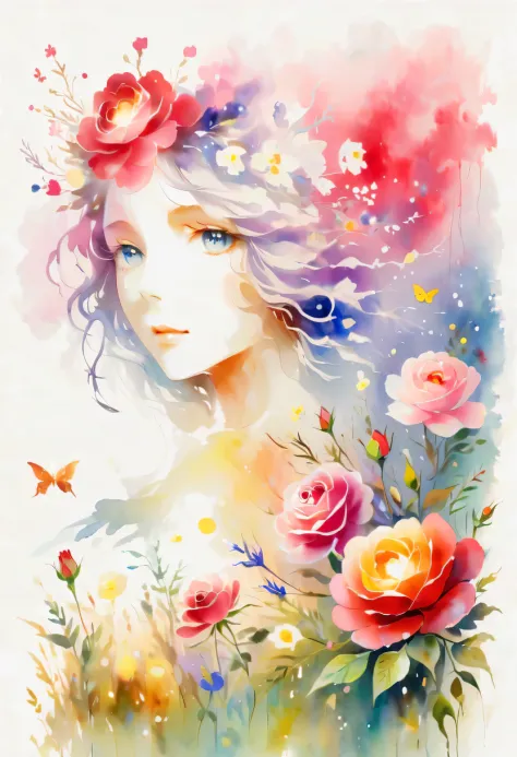 this watercolor flower painting presents an elegant and fresh visual effect。wildflowers and roses in the field，forming the perfe...