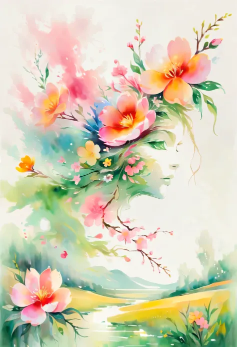 This watercolor flower painting presents an elegant and fresh visual effect。Wild flowers and peach blossoms intertwined in the f...