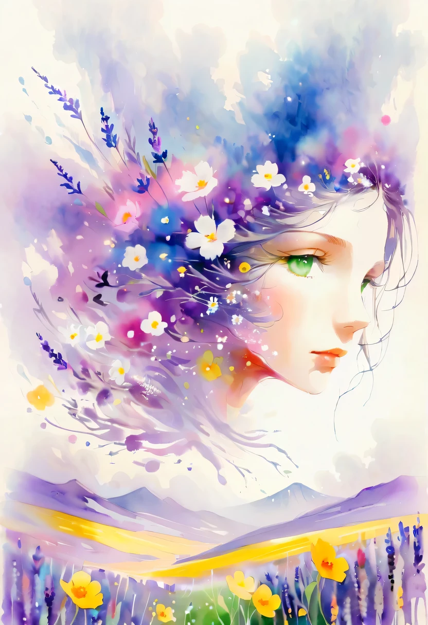 This watercolor flower painting presents an elegant and fresh visual effect。Wildflower and lavender fields，Forming the perfect combination of nature and romance。The screen is dominated by a white background，Highlight isolated watercolor flower。Splash technology recreates wet conditions，The atmosphere seems vague and dreamy。Unique composition and abstract expression add to the artistic feel of the picture，Contains elements of surrealism。The overall color tone is mainly light tones，Lilac and green complement each other beautifully，Show high-resolution details。The splash-ink effect adds a touch of agility to the picture，The light color gives the flowers a deep and restrained beauty.。