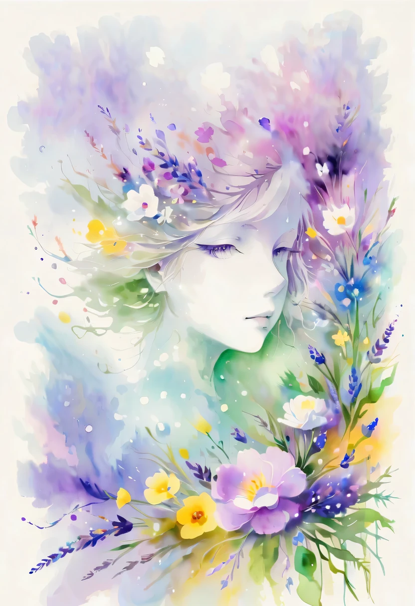 This watercolor flower painting presents an elegant and fresh visual effect。Wildflower and lavender fields，Forming the perfect combination of nature and romance。The screen is dominated by a white background，Highlight isolated watercolor flower。Splash technology recreates wet conditions，The atmosphere seems vague and dreamy。Unique composition and abstract expression add to the artistic feel of the picture，Contains elements of surrealism。The overall color tone is mainly light tones，Lilac and green complement each other beautifully，Show high-resolution details。The splash-ink effect adds a touch of agility to the picture，The light color gives the flowers a deep and restrained beauty.。