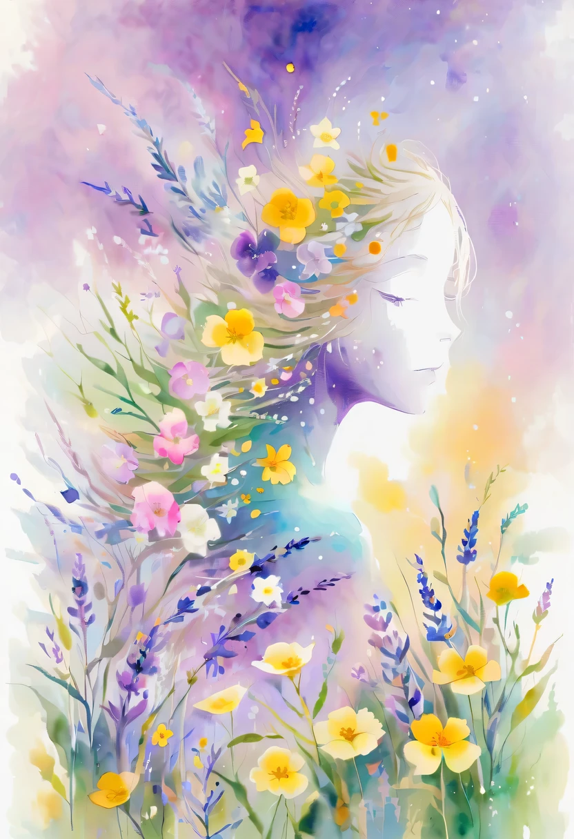 Esta pintura de flores em aquarela apresenta um efeito visual elegante e fresco。Campos de flores silvestres e lavanda，Formando a combinação perfeita de natureza e romance。A tela é dominada por um fundo branco，Destaque flor aquarela isolada。A tecnologia Splash recria condições molhadas，A atmosfera parece vaga e sonhadora。Composição única e expressão abstrata contribuem para a sensação artística da imagem，Contém elementos do surrealismo。O tom geral da cor é principalmente tons claros，Lilás e verde se complementam lindamente，Mostrar detalhes em alta resolução。O efeito splash-ink adiciona um toque de agilidade à imagem，A cor clara confere às flores uma beleza profunda e contida.。