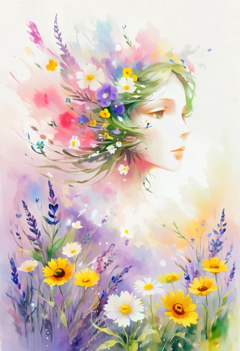 This watercolor flower painting presents an elegant and fresh visual effect。Wildflower and lavender fields，Forming the perfect combination of nature and romance。The screen is dominated by a white background，Highlight isolated watercolor flower。Splash technology recreates wet conditions，The atmosphere seems vague and dreamy。Unique composition and abstract expression add to the artistic feel of the picture，Contains elements of surrealism。The overall color tone is mainly light tones，Lilac and green complement each other beautifully，Show high-resolution details。The splash-ink effect adds a touch of agility to the picture，The light color gives the flowers a deep and restrained beauty.。