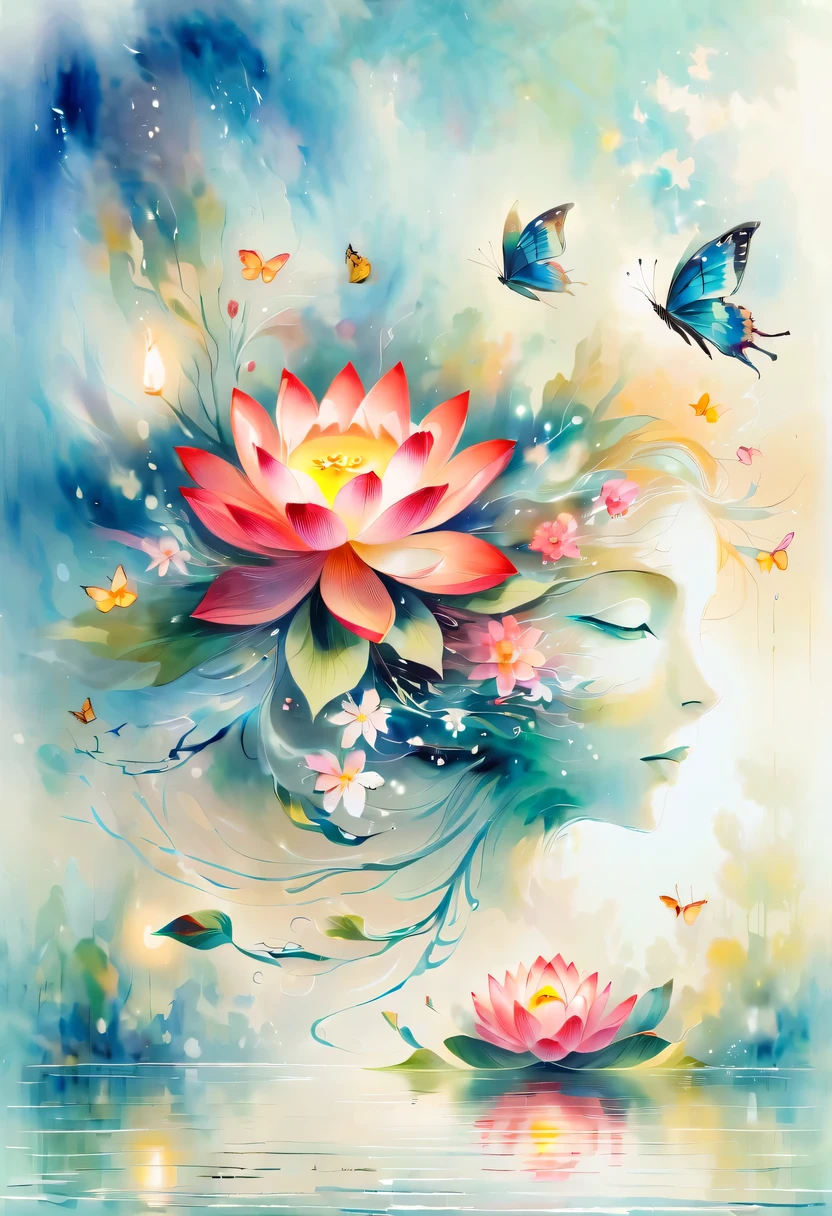 This abstract watercolor flower painting offers a light and refreshing visual effect。Lotus flowers and butterflies intertwined in the lake，Forming the perfect combination of nature and romance。The screen is dominated by a white background，Highlight isolated watercolor flower。Splash technology recreates wet conditions，The atmosphere seems vague and dreamy。Unique composition and abstract expression add to the artistic feel of the picture，Contains elements of surrealism。The overall color tone is mainly light tones，Red and gold complement each other，Show high-resolution details。The splash-ink effect adds a touch of agility to the picture，The light color gives the flowers a deep and restrained beauty.