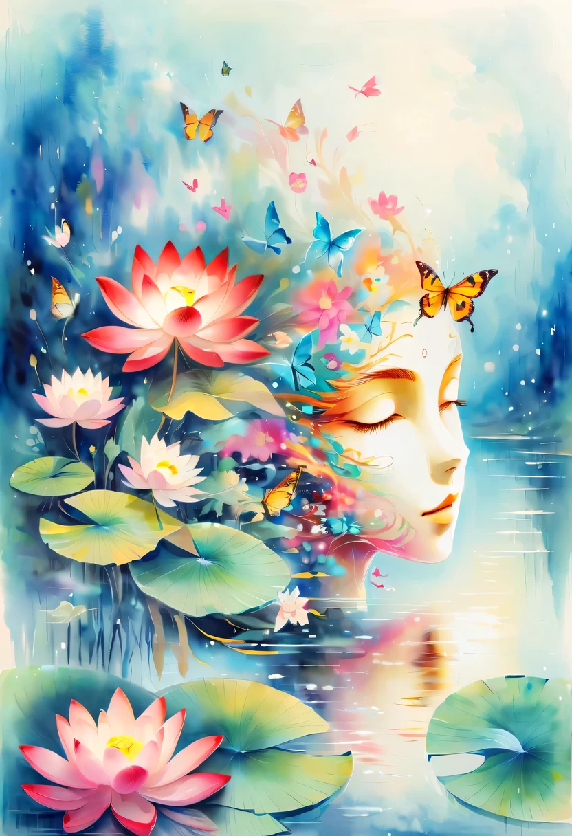 This abstract watercolor flower painting offers a light and refreshing visual effect。Lotus flowers and butterflies intertwined in the lake，Forming the perfect combination of nature and romance。The screen is dominated by a white background，Highlight isolated watercolor flower。Splash technology recreates wet conditions，The atmosphere seems vague and dreamy。Unique composition and abstract expression add to the artistic feel of the picture，Contains elements of surrealism。The overall color tone is mainly light tones，Red and gold complement each other，Show high-resolution details。The splash-ink effect adds a touch of agility to the picture，The light color gives the flowers a deep and restrained beauty.