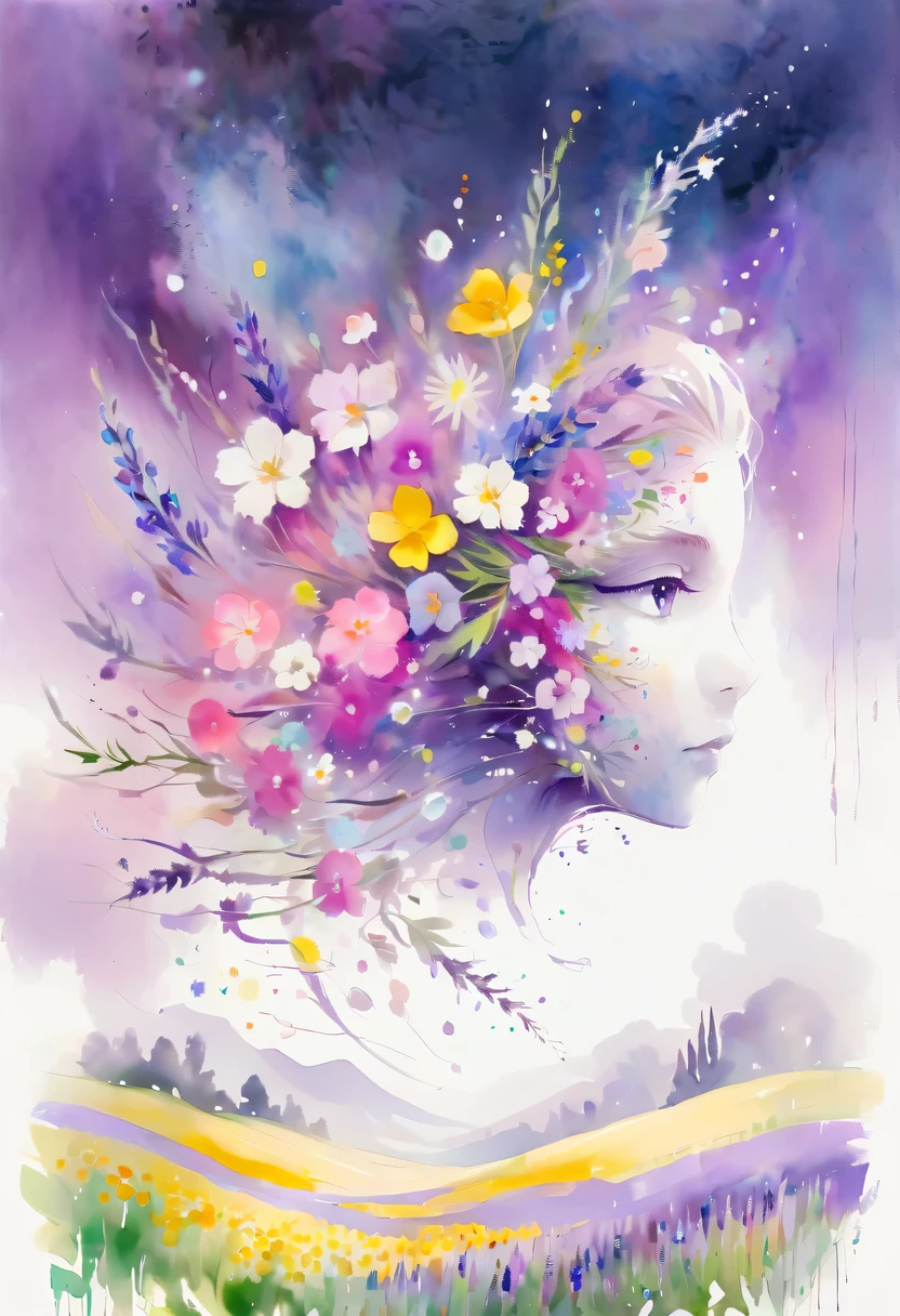 This watercolor flower painting presents an elegant and fresh visual effect。Wildflower and lavender fields，Forming the perfect combination of nature and romance。The screen is dominated by a white background，Highlight isolated watercolor flower。Splash technology recreates wet conditions，The atmosphere seems vague and dreamy。Unique composition and abstract expression add to the artistic feel of the picture，Contains elements of surrealism。The overall color tone is mainly light tones，Lilac and green complement each other beautifully，Show high-resolution details。The splash-ink effect adds a touch of agility to the picture，The light color gives the flowers a deep and restrained beauty.。