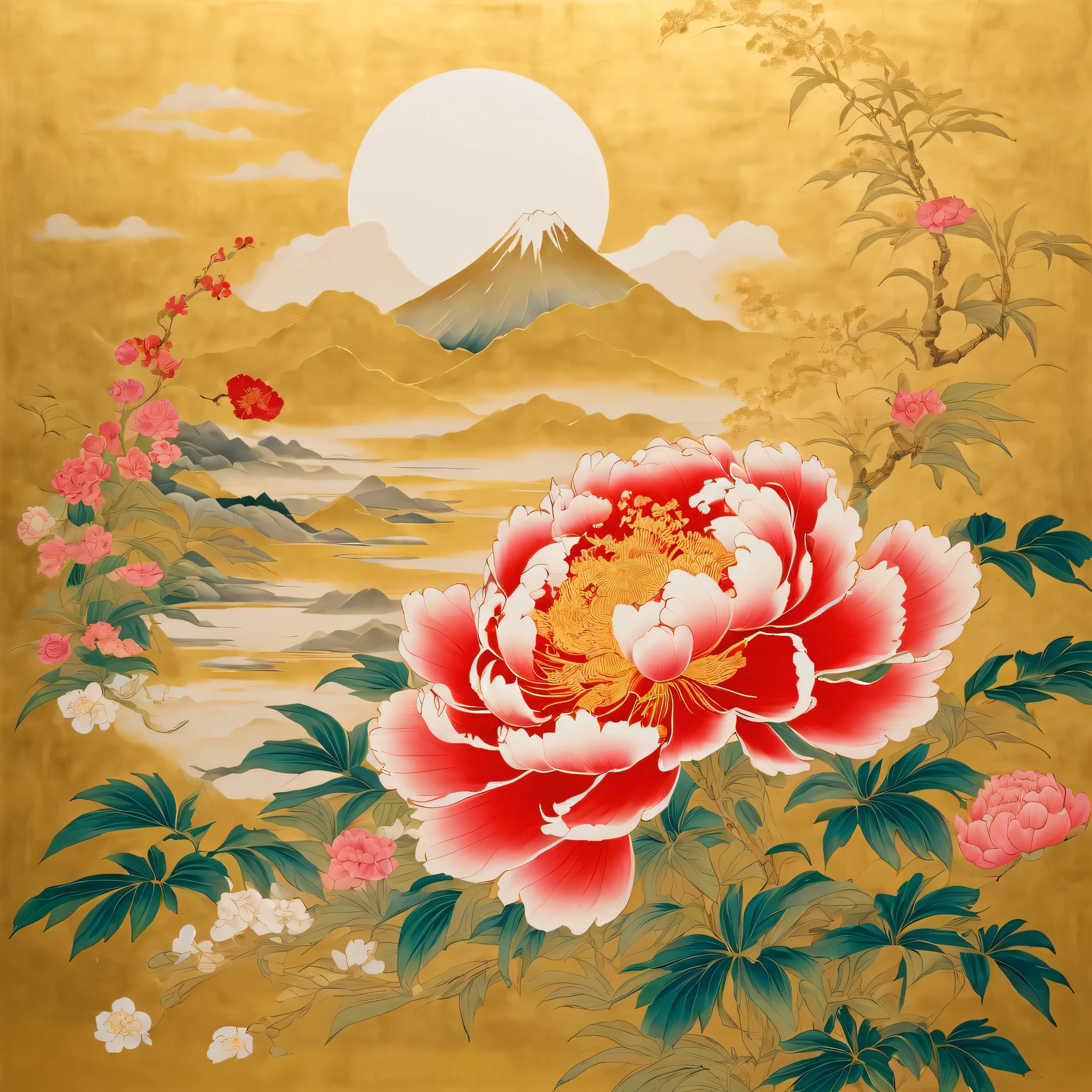 dessiner une image d&#39;une fleur sur un paravent,Peinture japonaise,boue d&#39;or,la peinture à l&#39;aquarelle,Poudre de Kira,Fruits de mer,Peintures sur paravent utilisant des techniques traditionnelles,boue d&#39;orに花の絵,À la manière de Makie,The folding screen installed in a temple in Kyoto is very Beau.、enrichit le cœur de ceux qui le voient,Beau,peinture classique,Korin Ogata&#39;Style de peinture,pivoine,couleurs vives,Fusion de l&#39;art classique et moderne,chef-d&#39;œuvre,Super détaillé