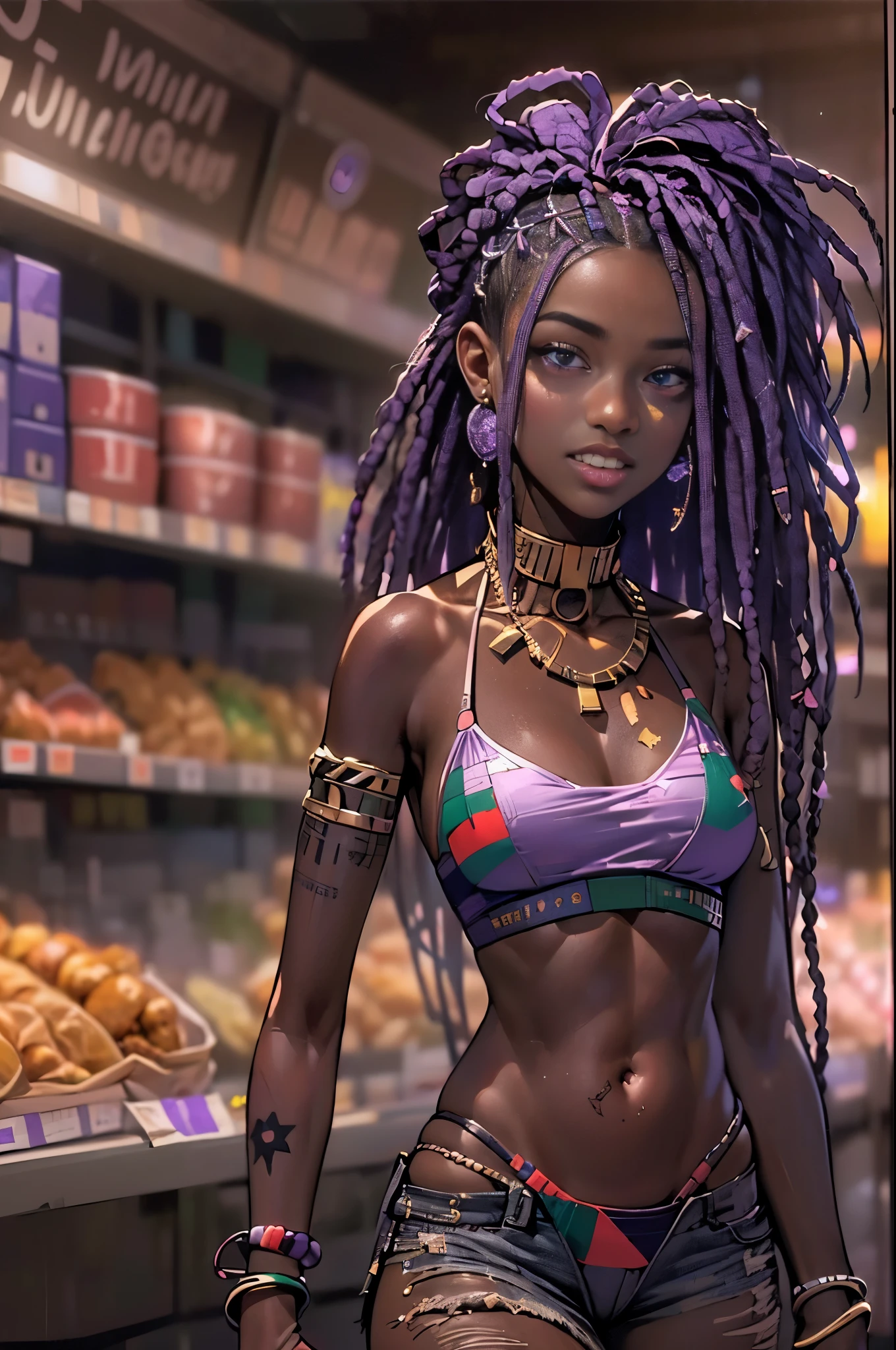 1 chica, Ilustración oficial del arte del anime, (largo ((Violeta)) Rastas), Violeta eyes, nariz redondeada, (mujer haitiana madura, alta, rechoncha y de piel oscura dentro de un supermercado en el pasillo de la pastelería), senos pequeños, (usando un bikini con la bandera panafricana), tatuaje encima del ombligo, brazaletes y pulseras de oro, jeans ajustados rotos oscuros, muslos regordetes, cuentas de cintura, sonrisa, perfectamente fotorrealista, increíblemente detallado, 8K, HD, obra maestra, mejor calidad, ultra detallado, Intrincado,