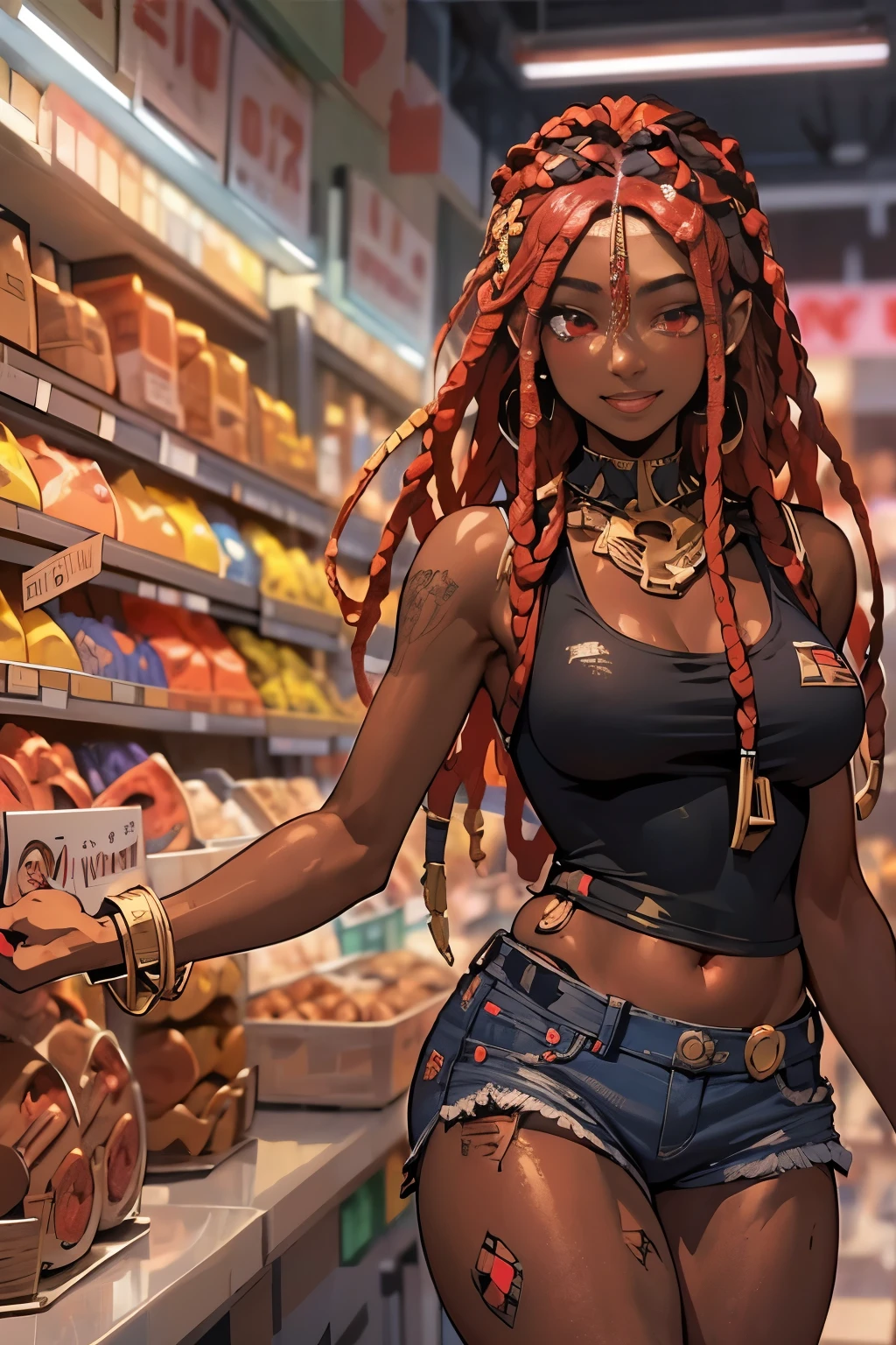 NSFW, 1 chica, Ilustración oficial del arte del anime, aro con joyas doradas, rastas largas negras y rojas, ojos rojos, (Chica haitiana alta y regordeta de piel oscura dentro del pasillo de la panadería de la tienda de comestibles), senos pequeños, top corto rojo transparente, ajustado y detallado, pantalones cortos de jean ajustados y rotos, Muslos gruesos, jugando con el pelo, expresión de guiño y sonrisa, perfectamente fotorrealista, increíblemente detallado, 8K, HD, obra maestra, mejor calidad, ultra detallado, Intrincado,