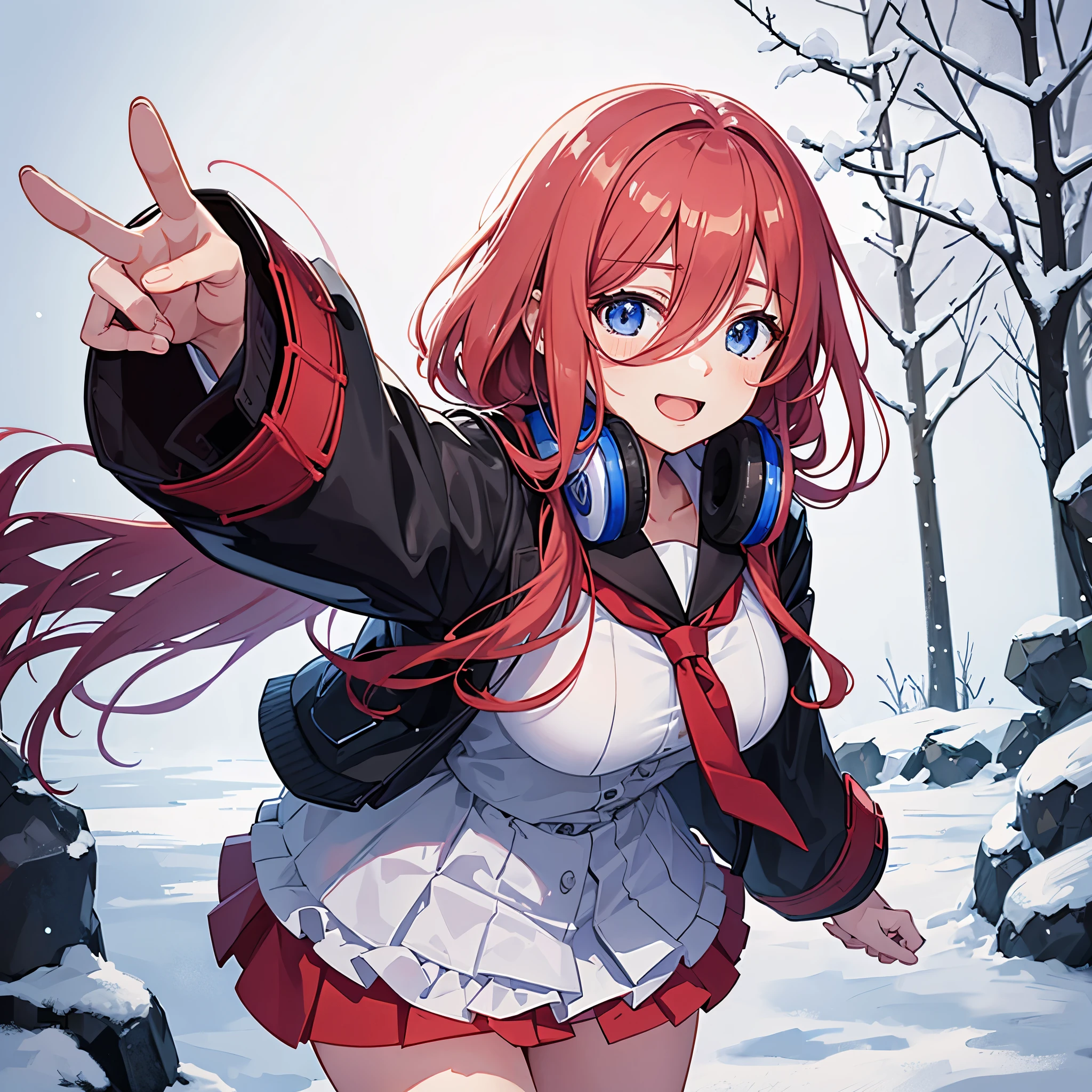 Miku Nakano com roupa de inverno fica do lado de fora onde está nevando, tem seios de tamanho médio, mas é fisicamente magro, sorri e está feliz e tem as bochechas um pouco vermelhas