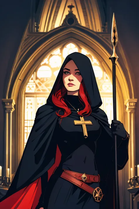 1 red hair girl Magdalena wearing black hood and black suit, holding spear, catholic church background, digital art, comic book style, best quality, masterpiece