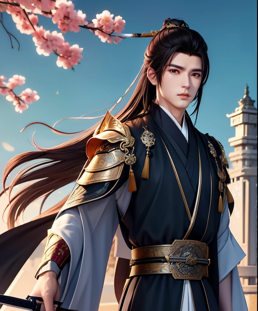 男, ハンサム, 剣士, 江湖, 長い剣を持っている, 中国風, 長い髪, 立体的な顔の特徴, 黒いローブ, ボサボサの髪.