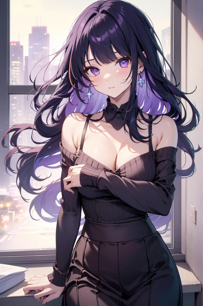 (best quality, 8k, 32k, masterpiece, UHD:1.2), highres, sharp focus, detailed outfit, beautiful detailed hair, delicate details, 1 girl, long hair, straight hair, (multicolored hair, gradient hair, two-tone hair, black hair, purple hair:1.2), purple eyes, blue earrings, parted lips, blush, large breasts, pajama, cleavage, cute, shy, sweet, indoors, night, dim, bedroom, bed, window, curtains, dynamic pose, dynamic angle, looking at viewer, nice hands, perfect hands, outfit-gls, sweater, high-waist skirt, long skirt