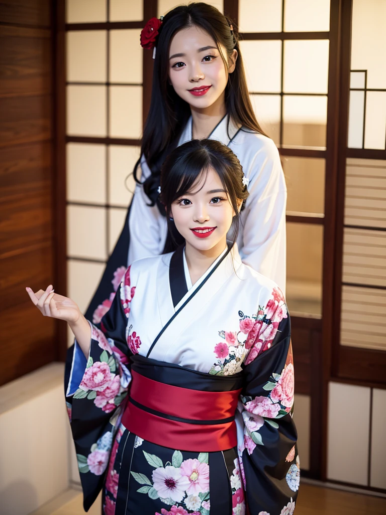 1girl, solo, looking at viewer, smile, black hair, hair ornament, flower, japanese clothes, kimono, grin, black eyes, makeup, lipstick, red lips