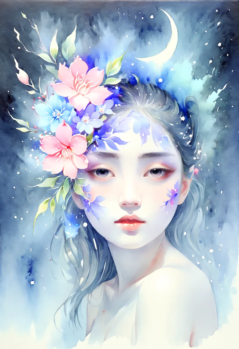 (watercolor painting, watercolor art:1.4), flowers, night, the head of a girl, (inspired by Miki Asai), best quality, masterpiec...