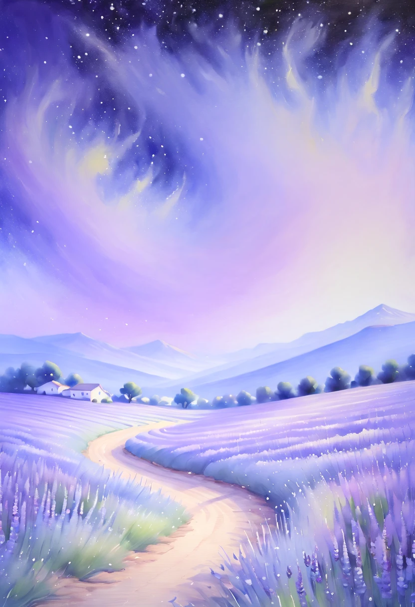 (Pintura de acuarela:1.4), Primer plano de campos de flores silvestres y lavanda., flores, Noche, (inspirado en Miki Asai), mejor calidad, obra maestra, 8K