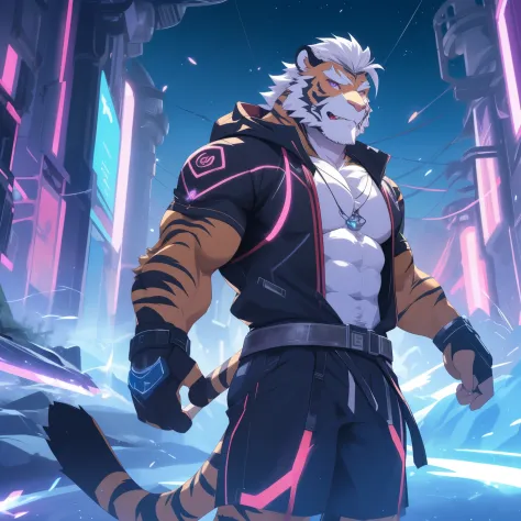 Humanity ((tiger)), hairy, tiger, golden fur, (white hair:1.5), beard, male, white eyebrows, violet eyes, masterpiece, (No streaks on face:1.5), ((best quality)), Character Focus Solo, Handsome, middle aged, Mature, muscle body, Sexy, like, whole body, (((...
