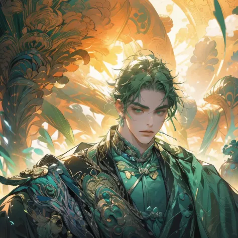 (absurdres, highres, ultra detailed), 1 male, solo, handsome, tall muscular guy, broad shoulders, intricate details, colorful, highest detailed, cowboy shot, from side, profile, looking down, peacock fan, fan, green hair, xianxia male, fan in hand, peacock...