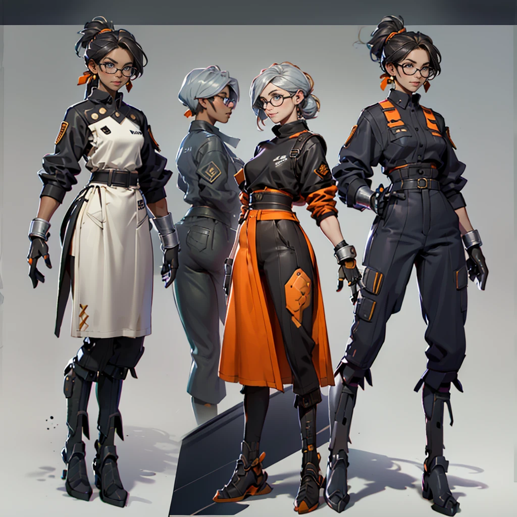 (((3 girl in))), (((concept Art))), (((One character))), Female, (((Dark Skin)))), Black Hair with Ponytail, Light Blue Eyes, Round Glasses with a Slightly Dark Lens with this Lens being Orange, and the Light Blue Color frame, ((Black Metallic Gauntlets and Greaves with Orange and Silver Highlights)), (((The Clothes Have a Mix of Modern and Tribal))), (((The Clothes Have a Mix of Modern and Tribal))), having mostly the color black, but having parts in orange, shoulders exposed, at the hip a shorts that extend to half of the thigh of black color.
