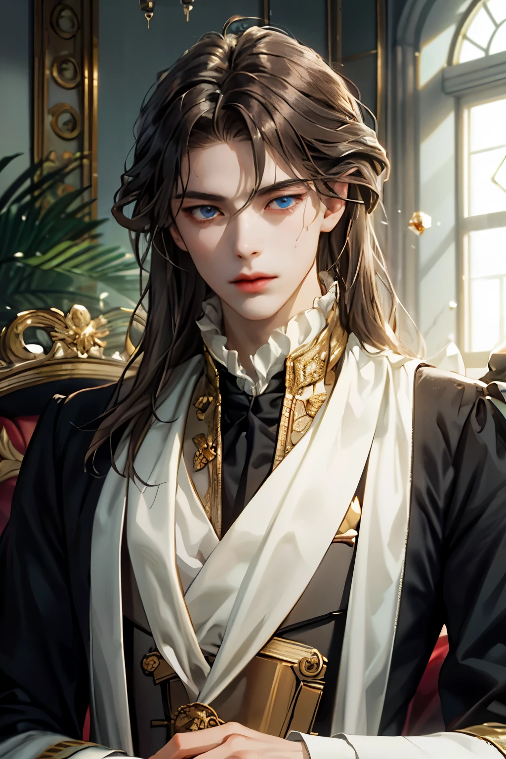 masterpiece, best quality, high quality, 1boy, solo, male focus, looking at viewer, upper body, sieg_fate, black long hair, blue eyes, caucasian, noble, historical, aristocrates, aristocratic, victorian, 20 years old