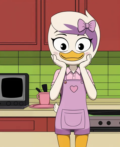 (by drockdraw:1.2) (by chelodoy:1) (by ashraely:1)  lena sabrewing, white skin, white hair, beak, (orange legs:1.2) ducktales, scut tail, short hair, (pink dress shirt, purple shorts:1.2) (pink apron:1.4) (bow accessory, pink bow:1.1) clothed, hands on fac...