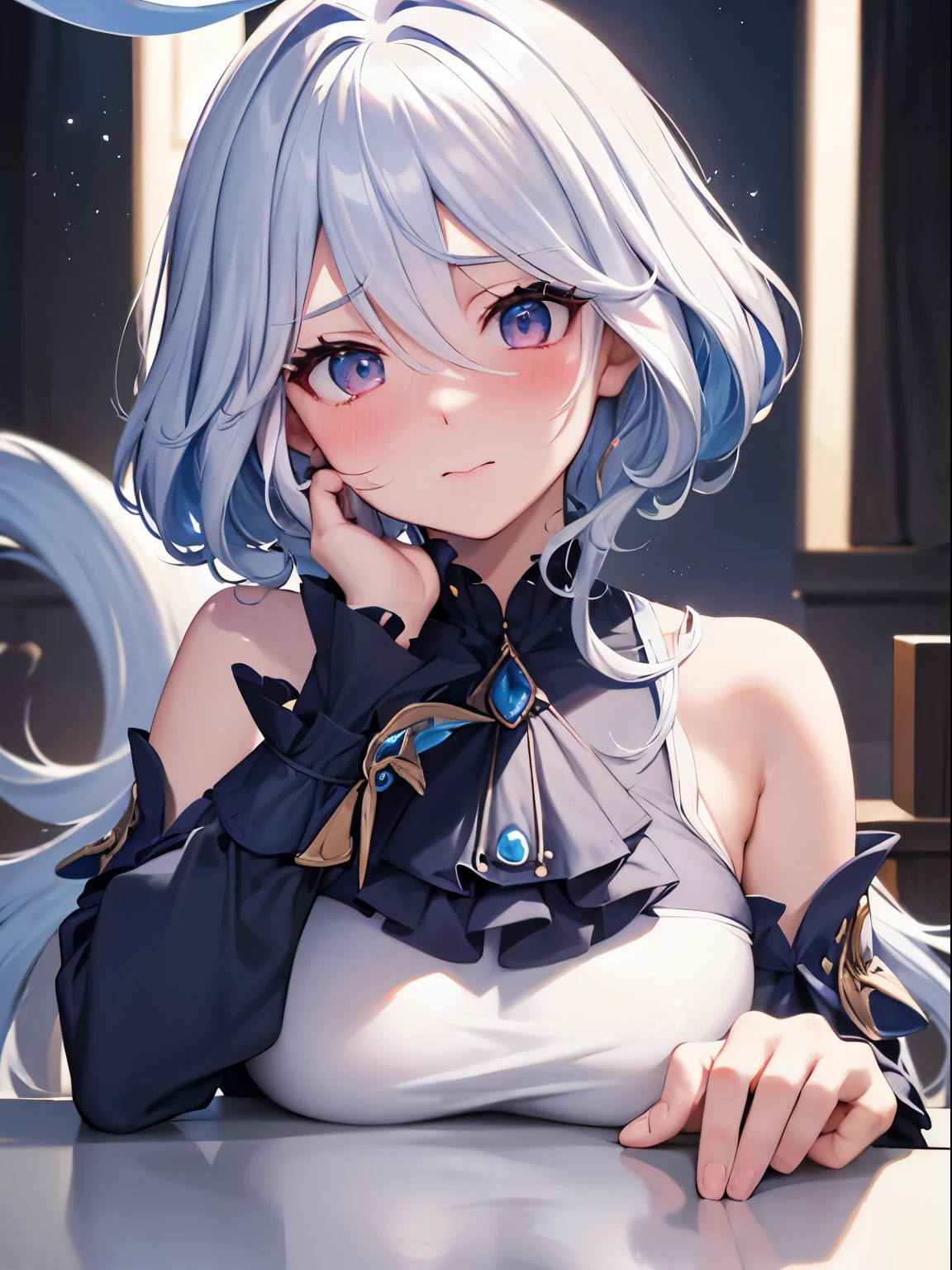 Best Quality, ultra-detail, Illustration, white blue hair, furina，cute face，turned around，Close，Angle to show off tiny breastinely detail，Perfect fingers，long-sleeve，leaning down，red blush，embarrassed from，Bring your face closer，One-person viewpoint，Hanging udder，bending forward，Ashamed、a bed，bath towels