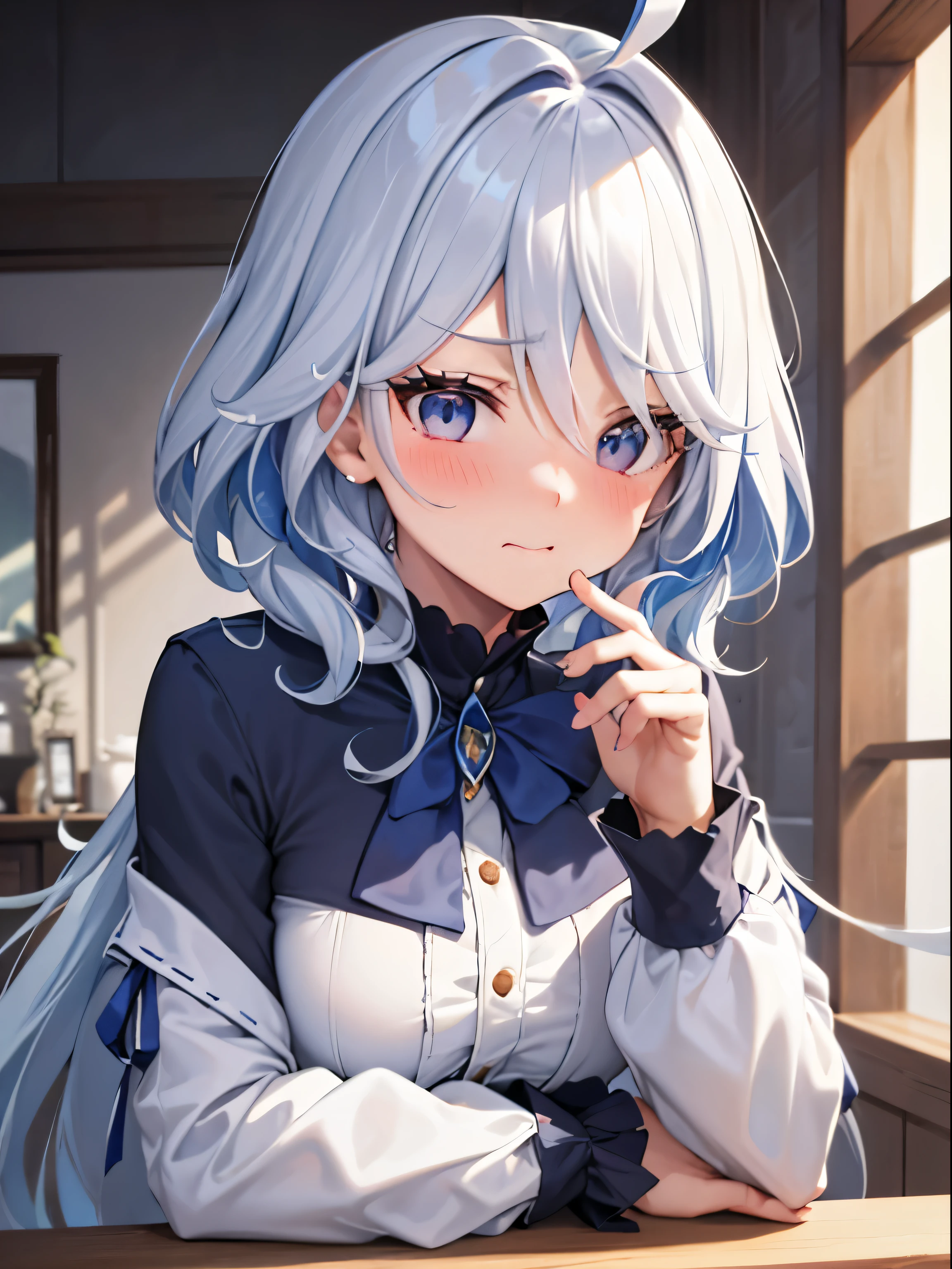 Best Quality, ultra-detail, Illustration, white blue hair, furina，cute face，turned around，Close，Angle to show off tiny breastinely detail，Perfect fingers，long-sleeve，leaning down，red blush，embarrassed from，Bring your face closer，One-person viewpoint，Hanging udder，bending forward，Ashamed、a bed，bath towels