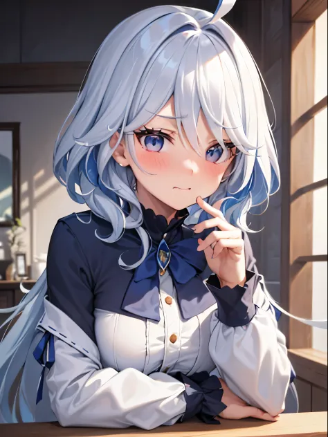 Best Quality, ultra-detail, Illustration, white blue hair, furina，cute face，turned around，Close，Angle to show off tiny breastine...